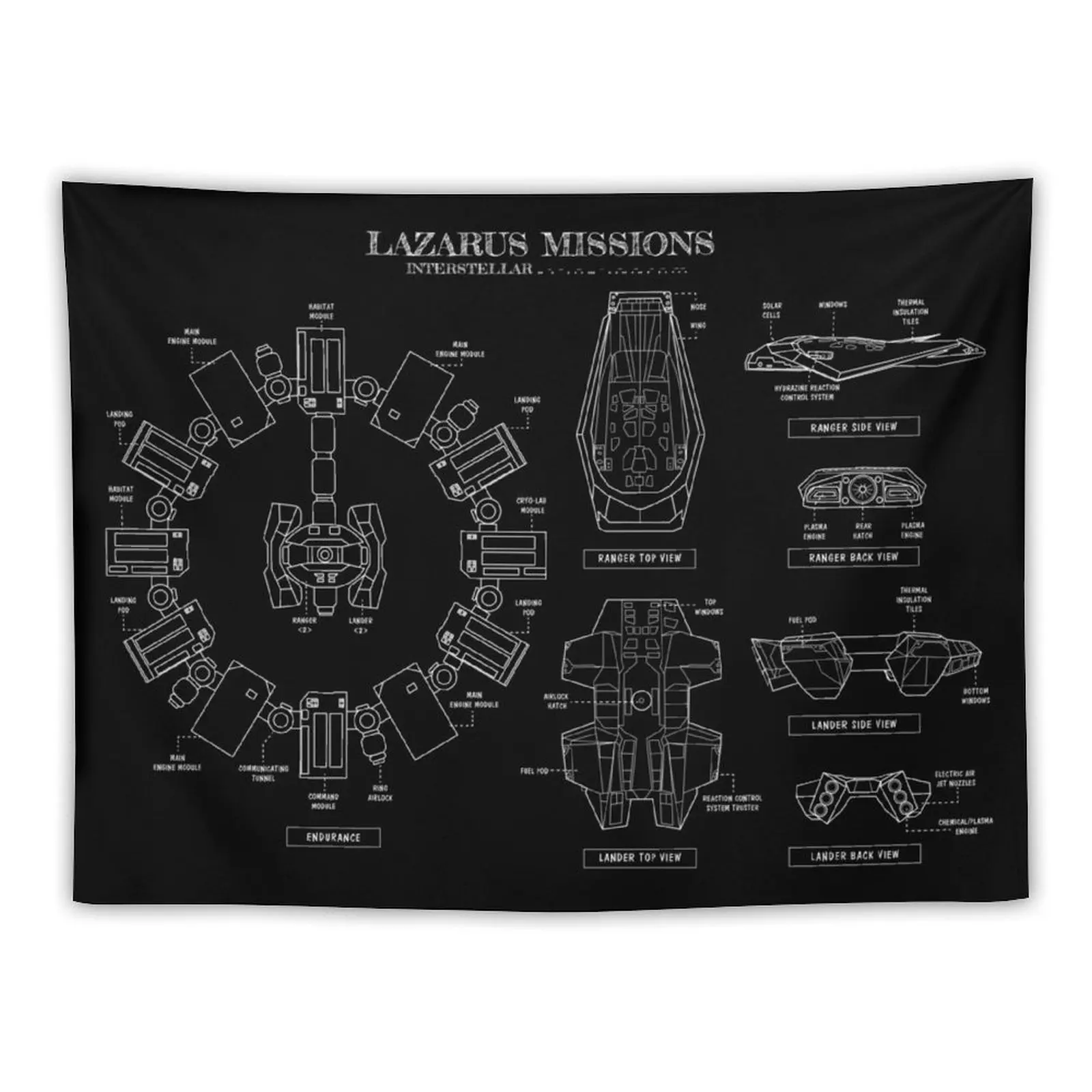 Lazarus Mission Blueprint (Interstellar Movie) White Stencil-No Background Tapestry Room Ornaments Cute Room Decor Tapestry