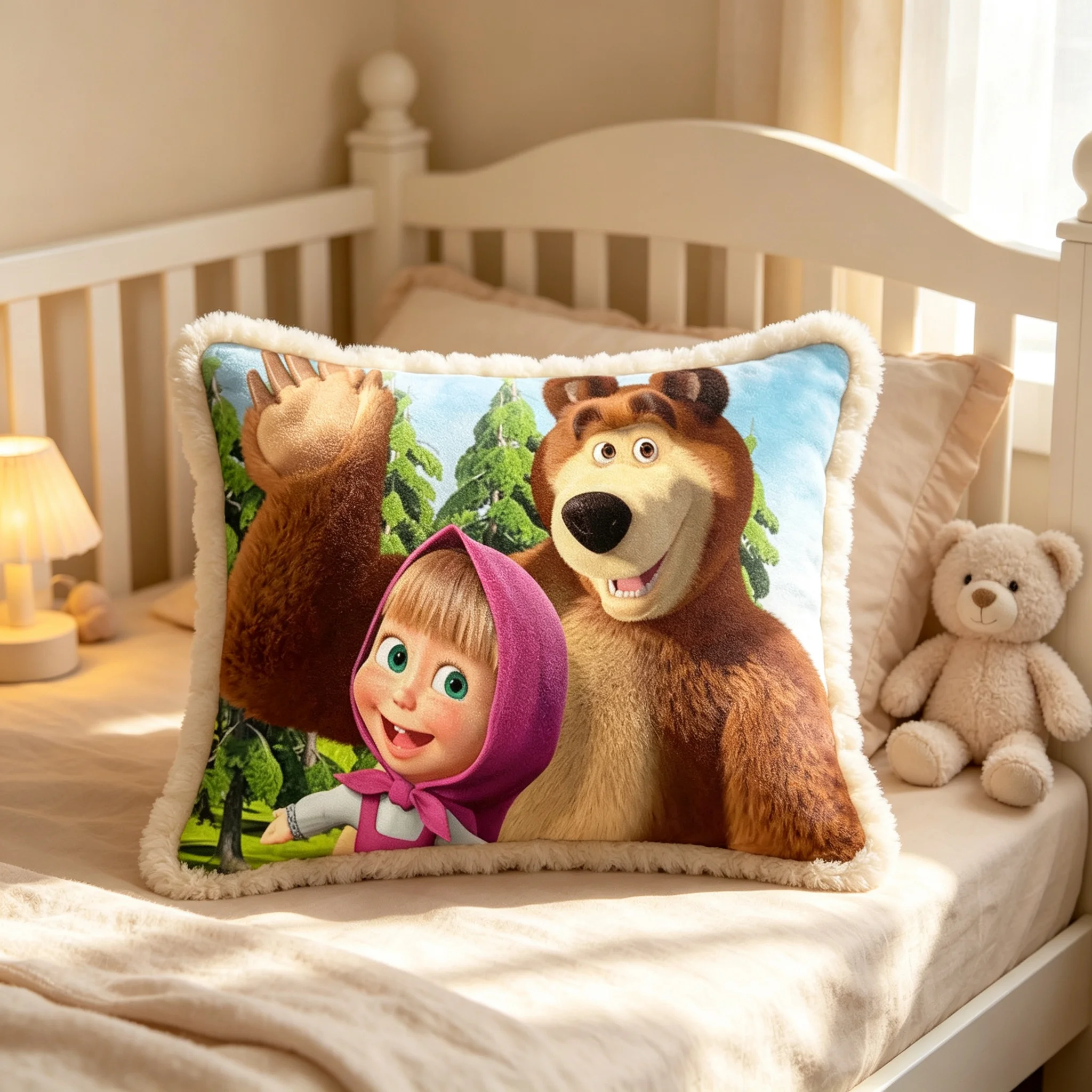Double Sided Masha and The Bear Pillow Case, Soft Short Plush Cartoon Kids Pillow Cover for Home Bedroom