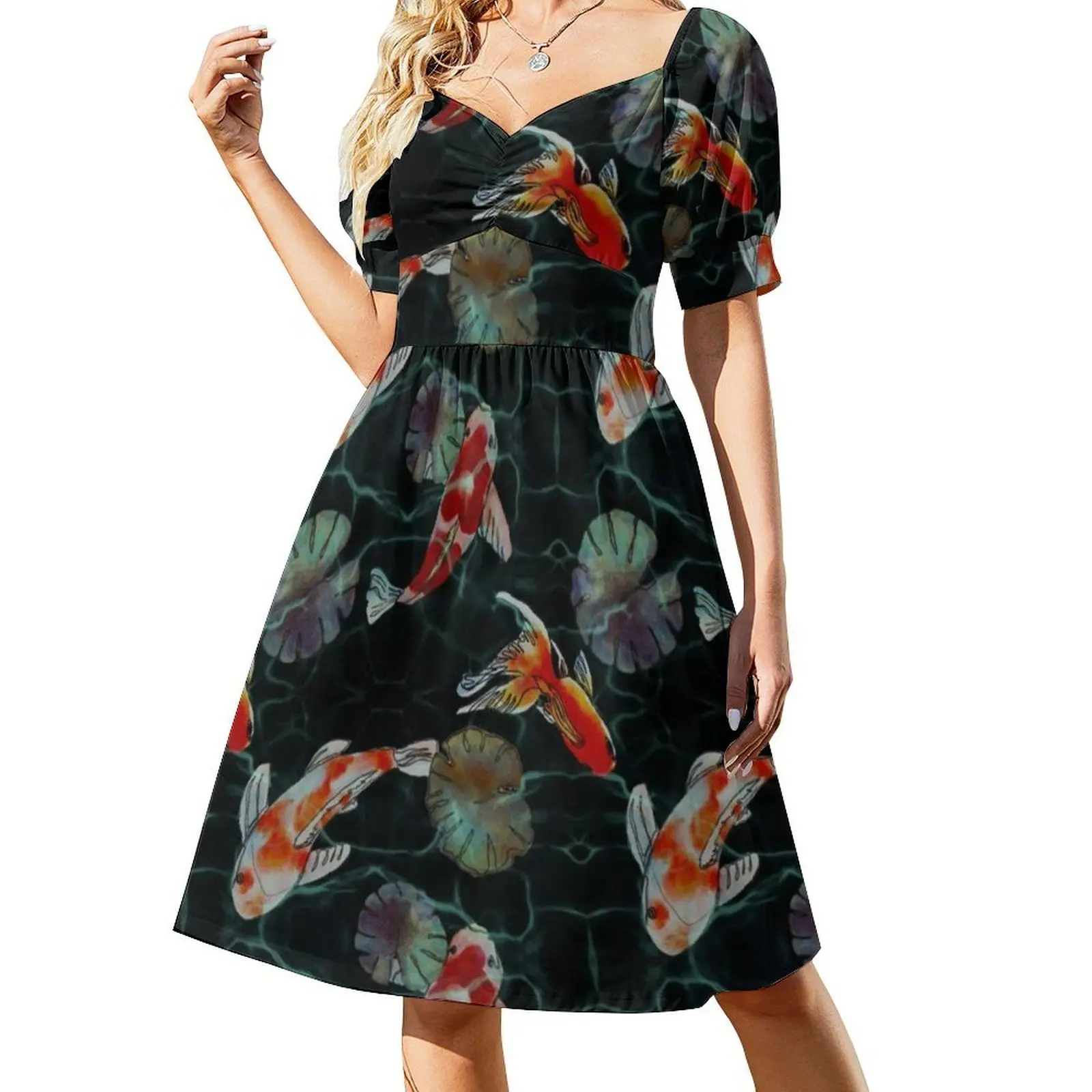 فستان أسود كوي فيش جرينري على شكل قلب فستان أنيق للحفلات الصيفية للنساء كوي فيش اليابان اليابانية أزرق داكن أبيض #2