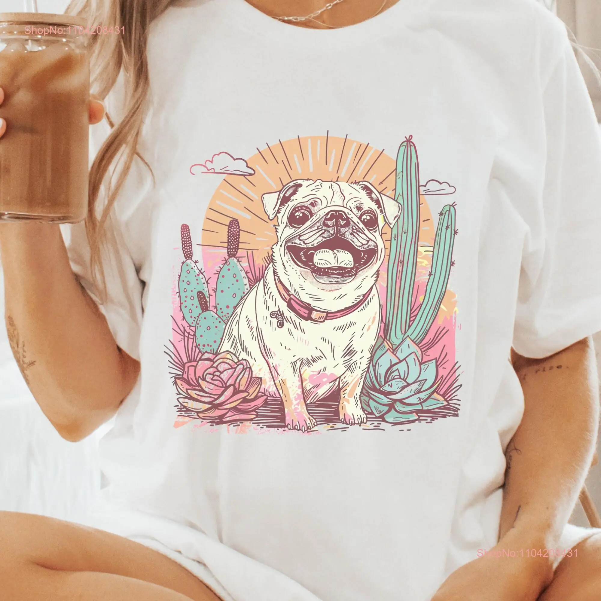 Summer Pug SunseT T Shirt Desert Sunrise Cactus Mops Sunshine Mom Carlin Dog Wild West Owner long or short sleeves