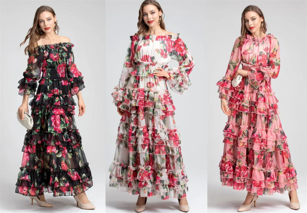 

Runway Fashion Women Off Shoulder Floral Print Maxi Dress Luxury Party Elegant Long Summer Dresses 2023