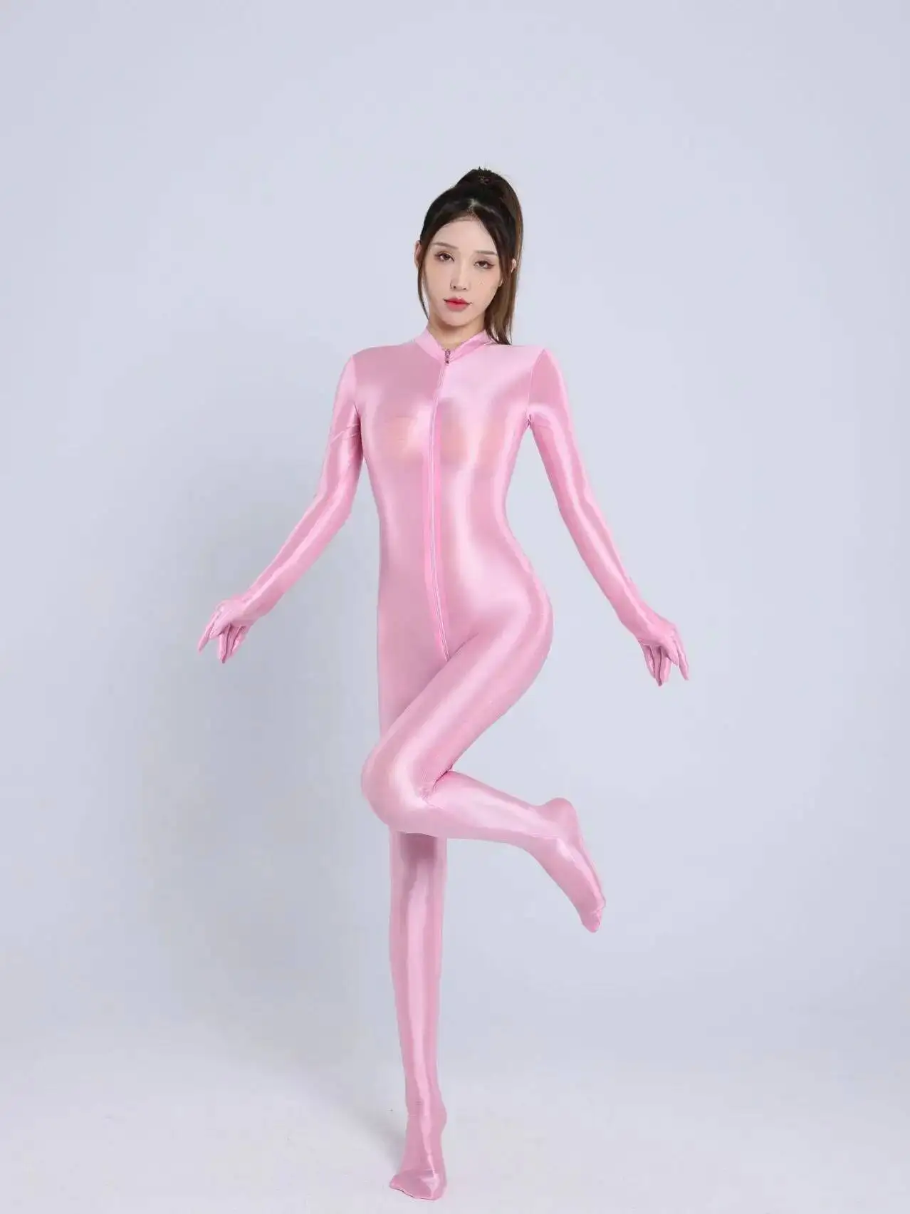 Glossy Smooth Silky Double-Ended Zipper Crotchless Footed Hand-Muffling Long Solid Color Long Sleeved Bodysuits Home Wear CBMU