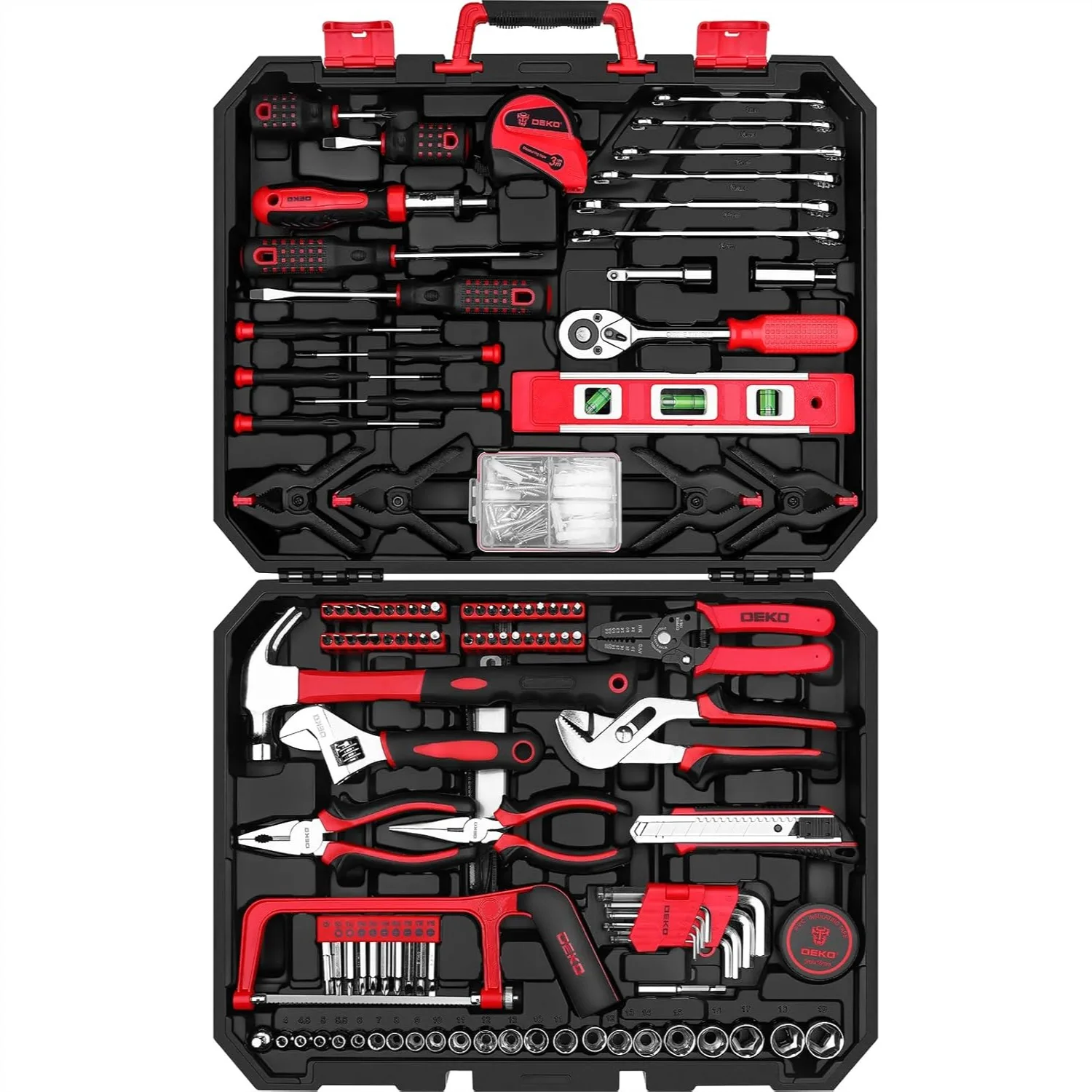 228 Piece Home Tool Kit, Household Basic Repair Tool Set with Plastic Storage Case, Socket Wrench Set for Car - Red