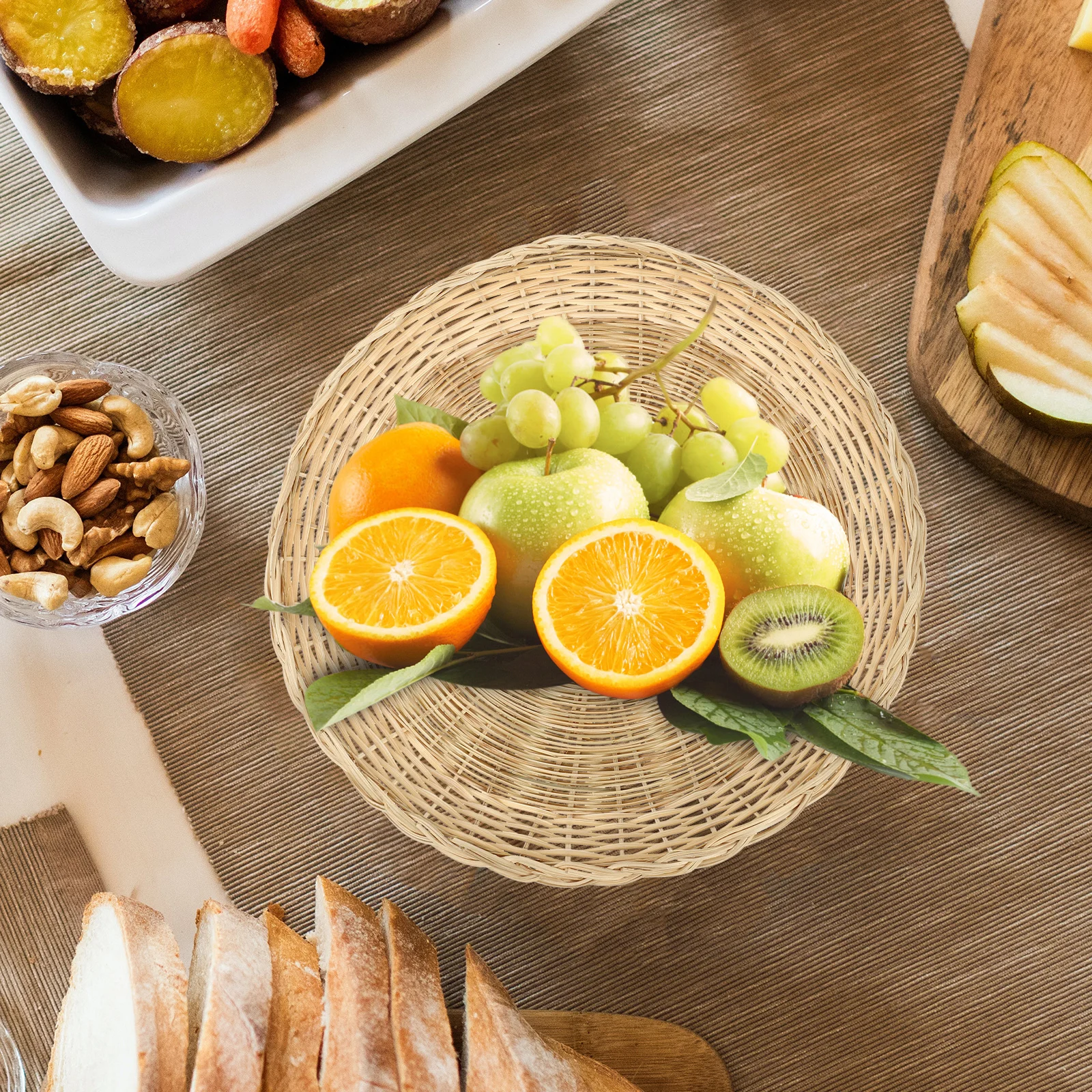 

Bamboo Woven Storage Basket Home Kitchen Bar Utensils Fruit Snack Bread Serving Tray Fruit Bamboo Plate Holder