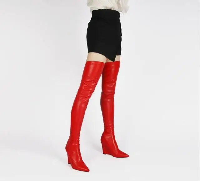 New Ladies Apricot Red Green Soft Leather Pointed Toe Slim Wedges Over The Knee Boots Women Fashion Stretch Thigh Long Boots