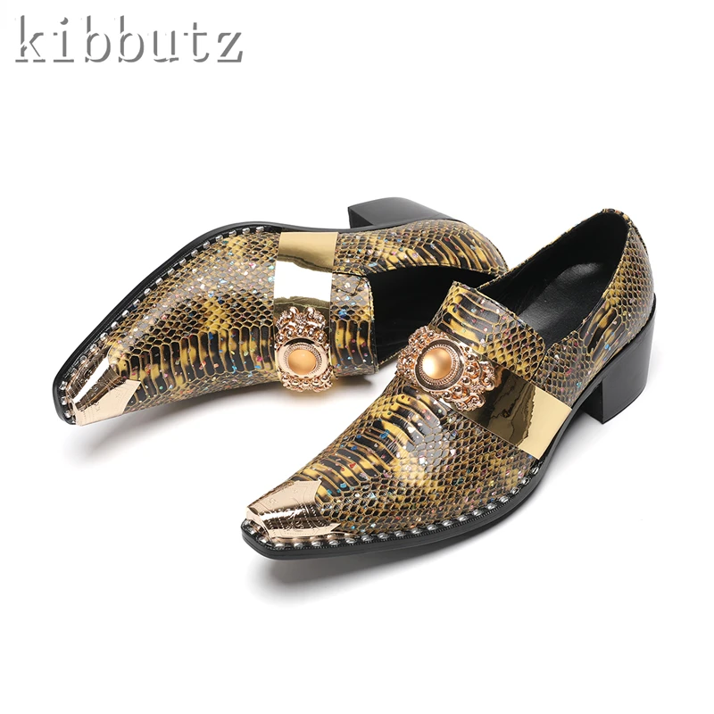 

Brand New Men Snake Prints Business Shoes Luxury Design Metal Toe Rivets Gemstone Buckle Middles Heels Loafers