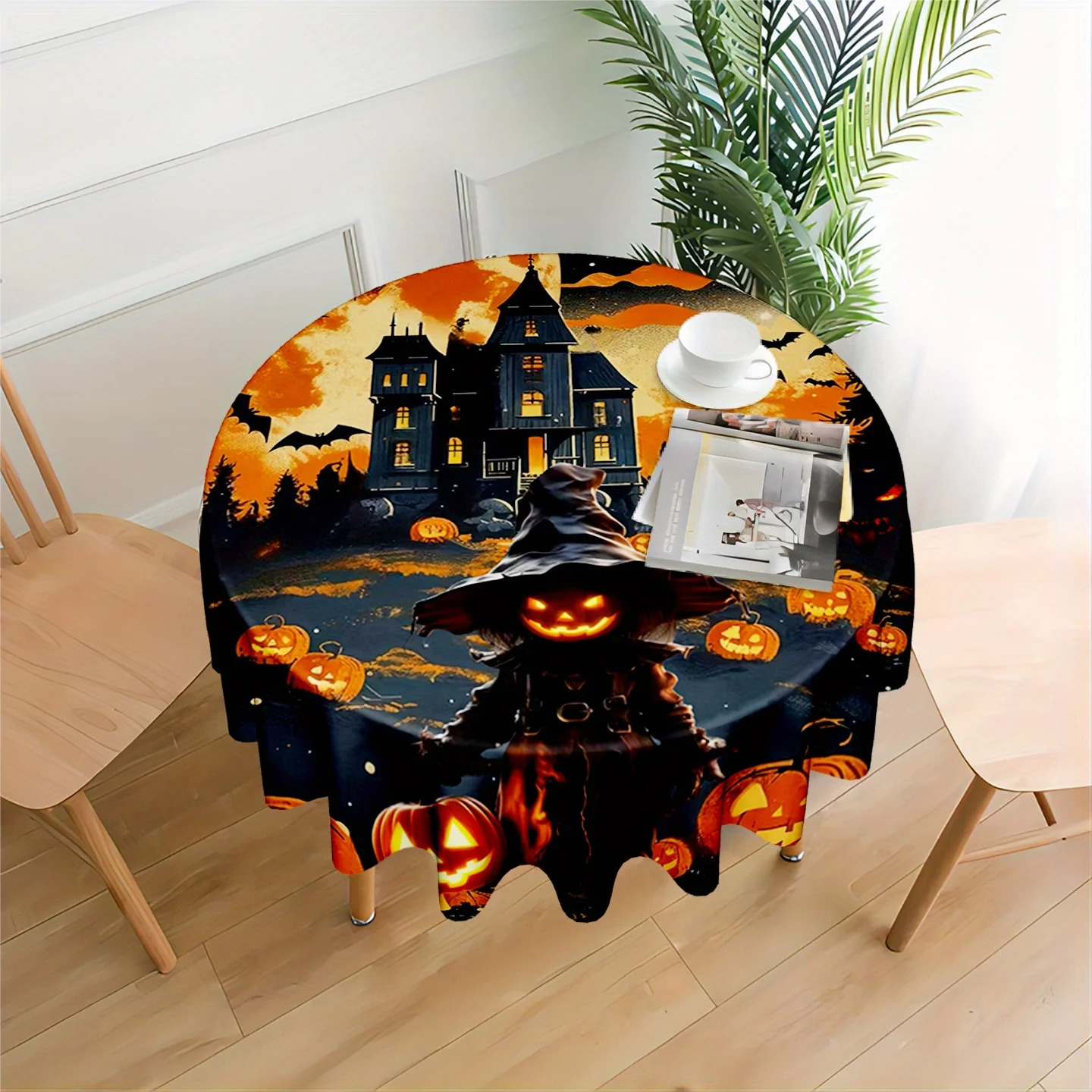 Halloween scarecrow castle pattern tablecloth - modern round polyester table coverzyc