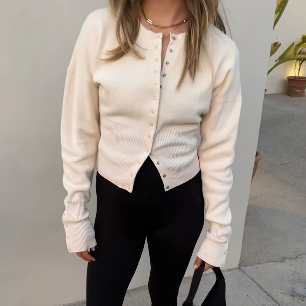 Talenza Cardigan monopetto da donna a vita alta girocollo monopetto tinta unita manica lunga maglione corto top autunno camicia sottile con fondo