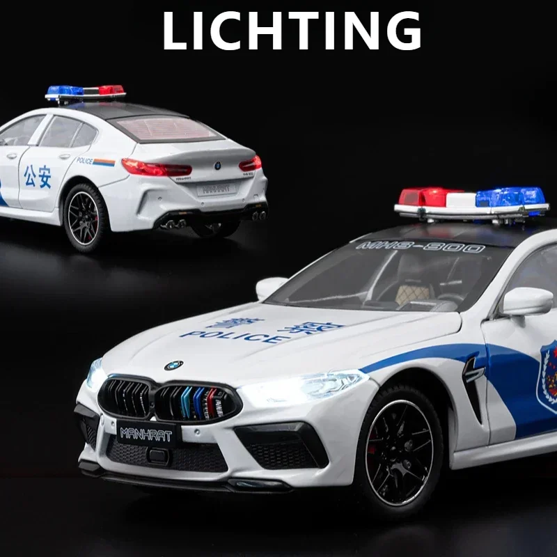 Mobil Die-cast Polisi MANHART M8 Skala 1:24 Baru, Model Mobil Logam Paduan dengan Suara dan Lampu, Simulasi Tinggi, Hadiah untuk Anak-Anak