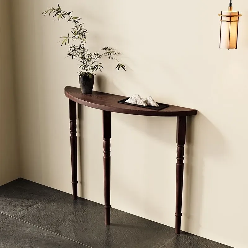for French Light Luxury Solid Wood Entrance Table Black Semi Round Wall Mounted Console for Corridor Display Stand Minimalist