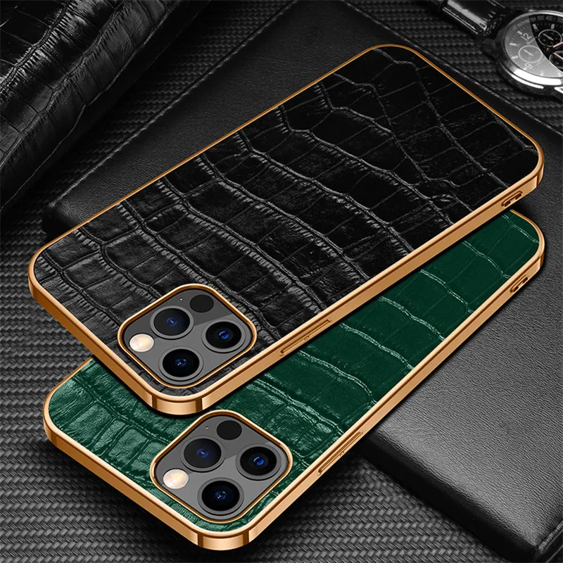 Croc Pattern Cow Leather Case For iPhone 12 11 13 Pro Max Mini 11Pro 12Pro 13 Pro X XR XS Max Case Luxury Genuine Leather Cover