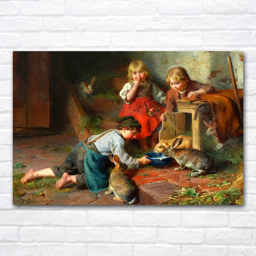 Classical Canvas Painting 3 Children Are Feeding the Rabbits Wall Art Print Home Decor Items Illustration