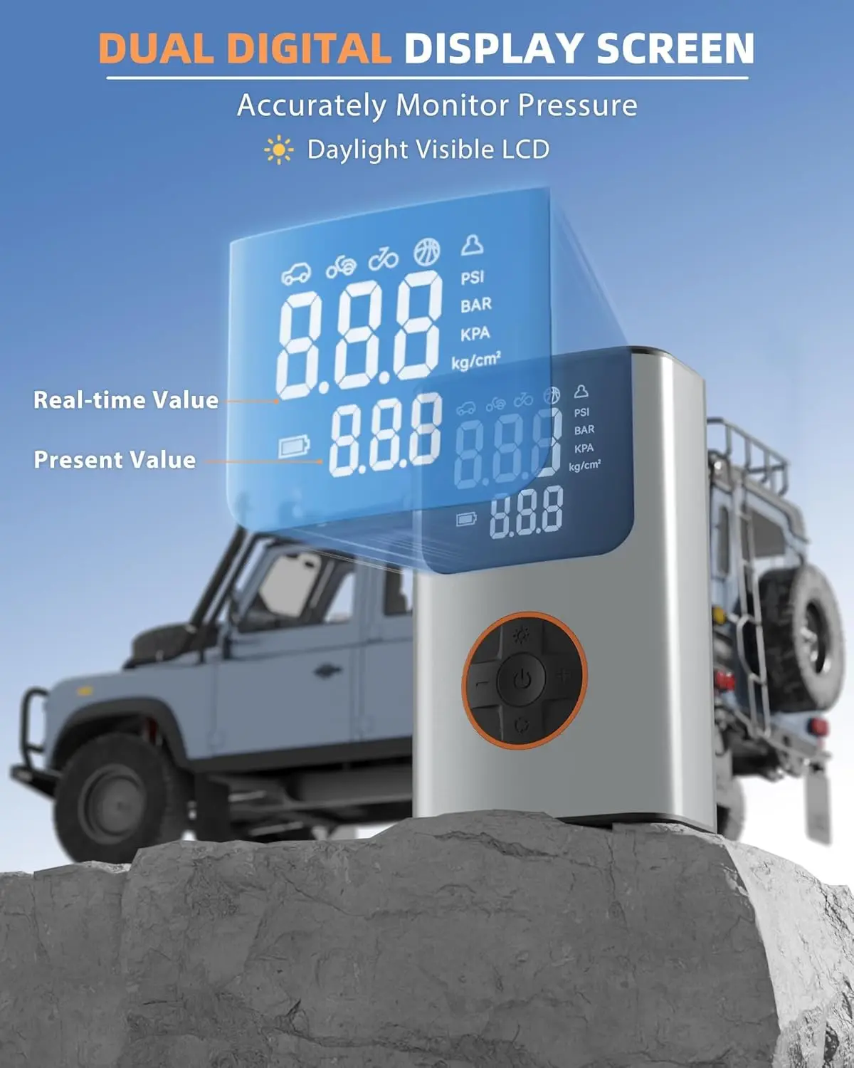 LCDスクリーン付きポータブルエアコンプレッサー、車、バイク、オートバイのタイヤ用150PSIデジタルゲージ