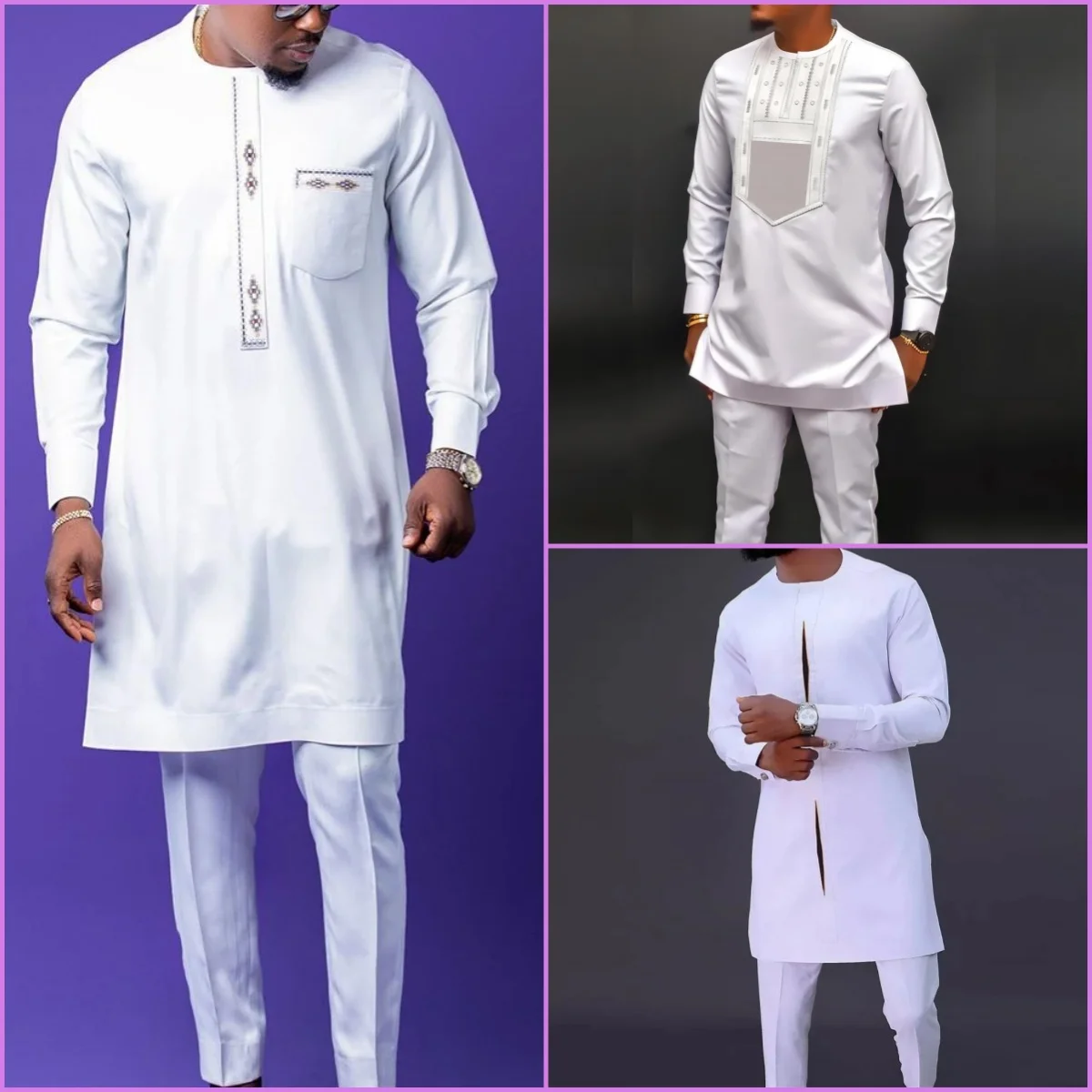 2024 New Kaftan Luxury Men's Set White Elegant Slim Fit Long Sleeve Two Piece Set Important Festival Men's Suit Dashiki Style