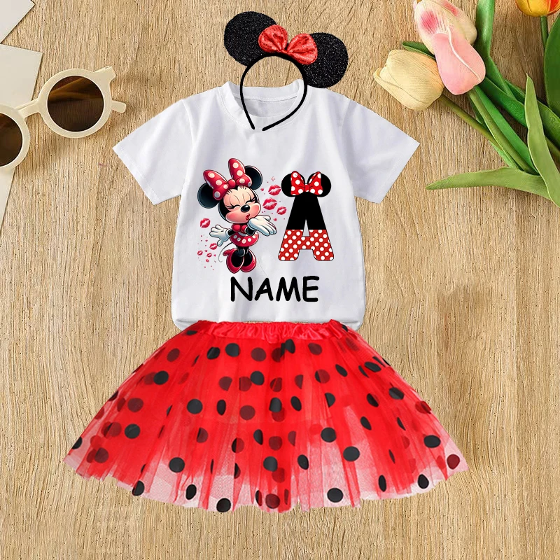 

Футболка-пачка с повязкой для волос Disney Minnie, платье в горошек для маленьких девочек, юбка-пачка с надписью A-z, комплект принцессы, тюлевое танцевальное платье с принтом, подарок