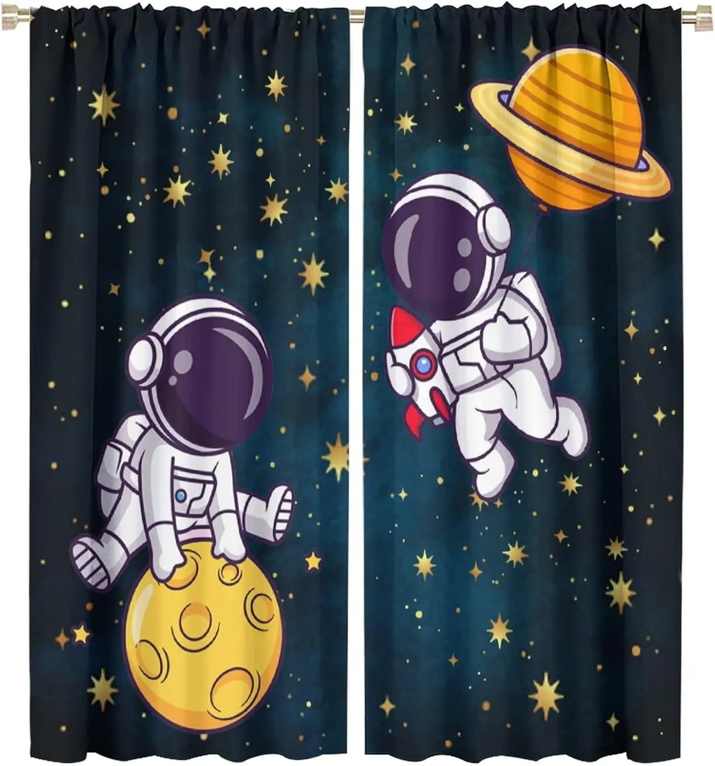 Vintage Astronaut Planet Rocket Starry Print Blackout Rod Pocket Curtain Dark Blue Fun Zen Nursery Homestay Bedroom Rest Bay