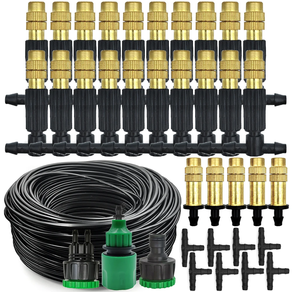 

15M-30M Outdoor Misting Cooling System Garden Irrigation Watering 1/4'' Brass Atomizer Nozzles 4/7mm Hose for Patio Greenhouse