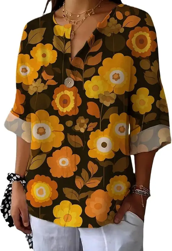 

Blouse for Women Dressy Casual V Neck 3/4 Sleeve Graphic Tees Summer Trendy Shirts Lightweigh Oversized Tops