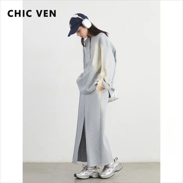 CHIC VEN Bluzy damskie Luźne Casual Solid Color Okrągły dekolt Bluzy z długim rękawem Płaszcz Spódnica z rozcięciem Zestaw Wiosna Lato 2025
