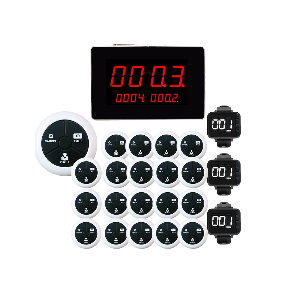 Wireless Restaurant Service Waiter Call Button Call Waiter System 1 Number Display 3 Watch Pager 20 Waterproof Buttons