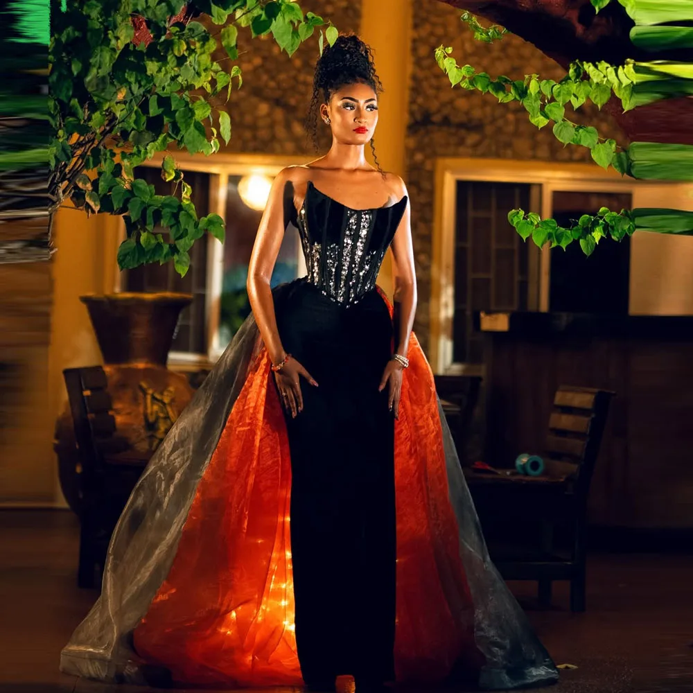 Aso Ebi Mermaid Prom Dresses With Detachable Train Strapless Corset Back Evening Party Dress Black Red Christmas Party Gowns