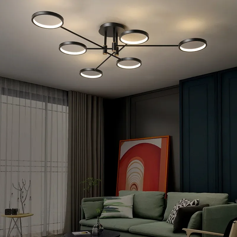 Modern LED Chandelier for Living Room Bedroom Black 1/2/6/8 Circles Aluminum Ceiling Light with Remote Control Interior Lighting