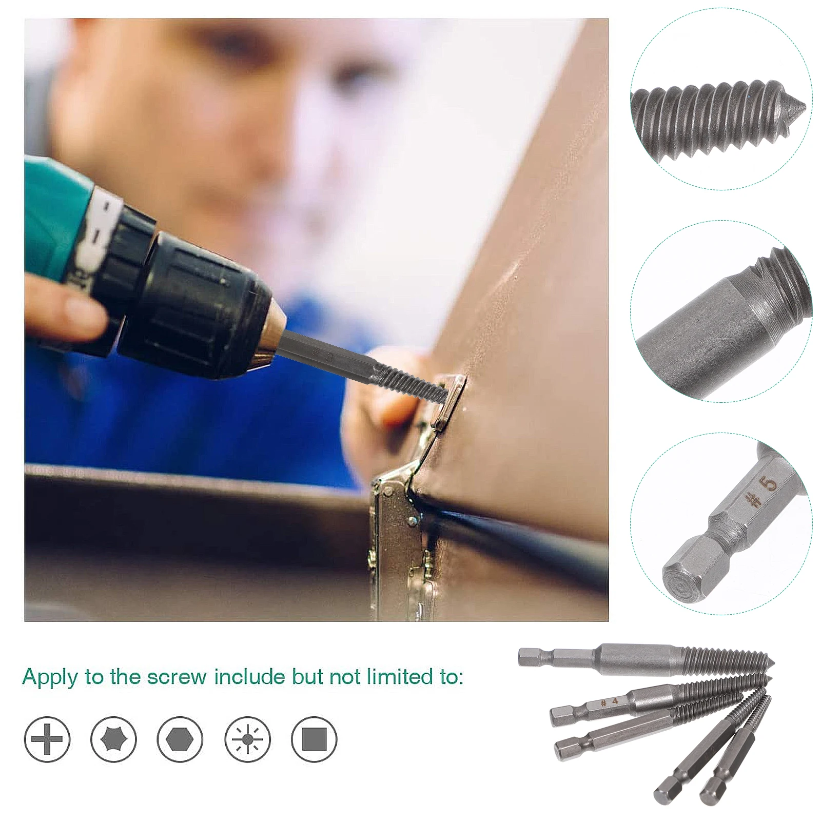

5pcs Screw Extractor High Hardness Bearing Steel Removing Stripped Damaged Damaged Screw Extractor Set Bolts Taps Reusable