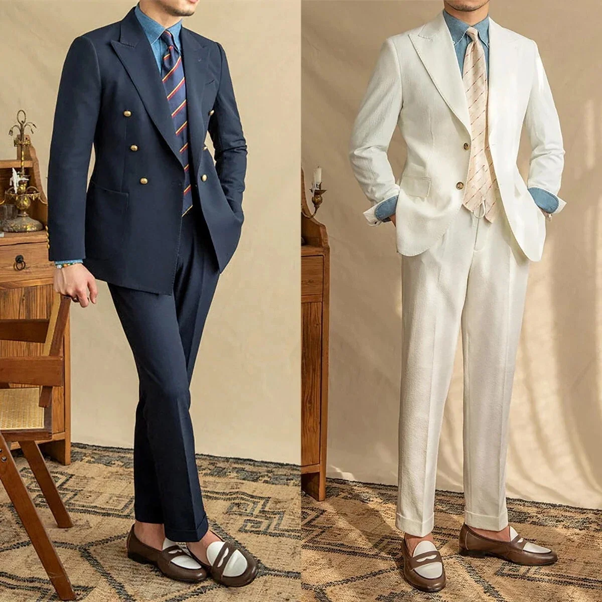 

Double Breasted Men Business Suits 2pcs Suit Jacket Pants Solid Color Slim Fit Man suit set