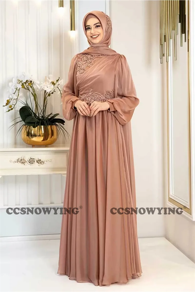 

Long Sleeve Muslim Evening Dress Chiffon Appliques High Neck Hijab Islamic Formal Party Gown Saudi Arabia Dubai Robes De Soirée