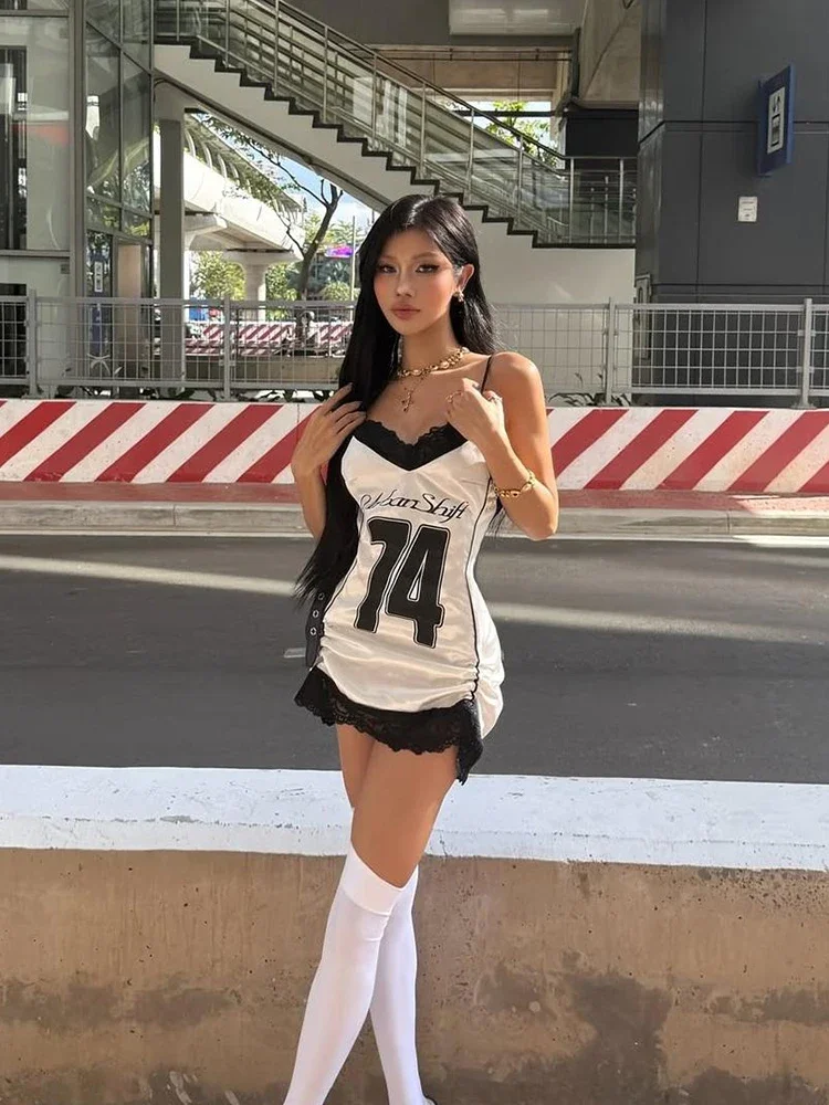 Abito con stampa digitale Donna Sexy Bordi in pizzo Patchwork Senza schienale Senza maniche Con lacci Pieghettato Midnight Club Mini aderente