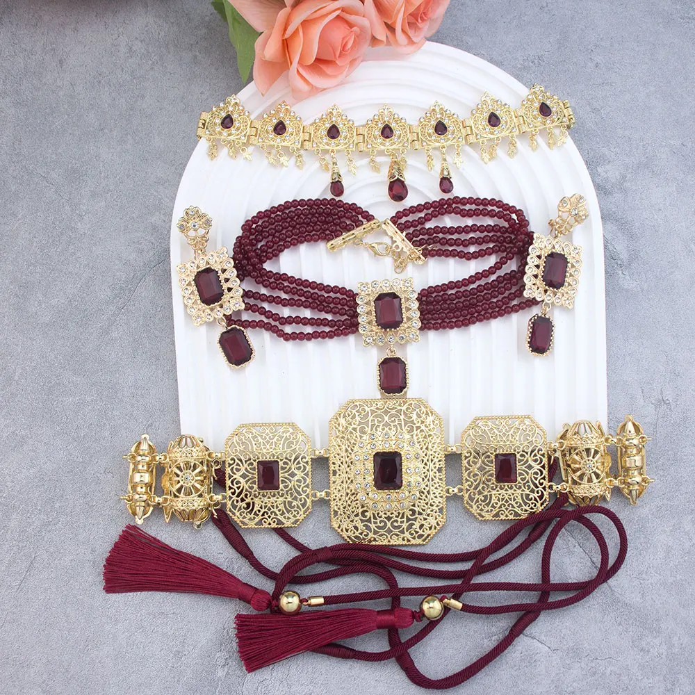 Poyasa Moroccan Caftan Belt Rope Waist Chain Crystal Women Hair Chain Forehead Jewelry Set Big Earring Beads Choker Necklace