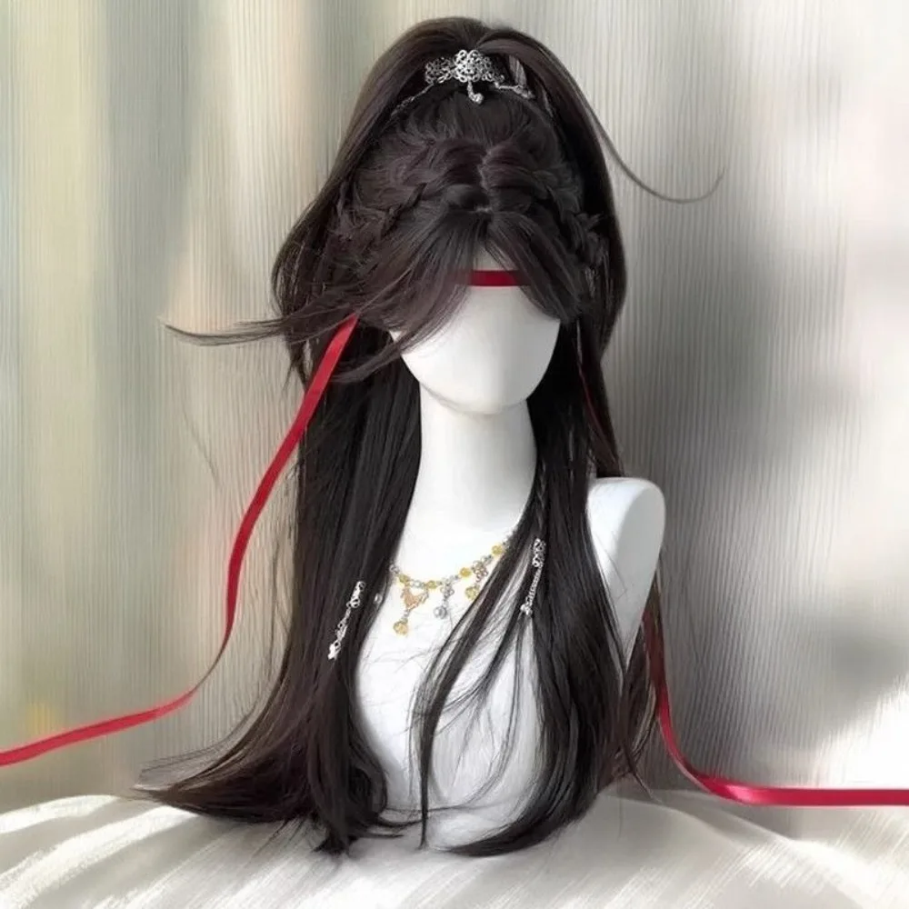 Chinese pruik - zwart steil haar met pony van middendeel, jeugdige hoge paardenstaartstijl, synthetisch haarstukje met volledige dop voor dames