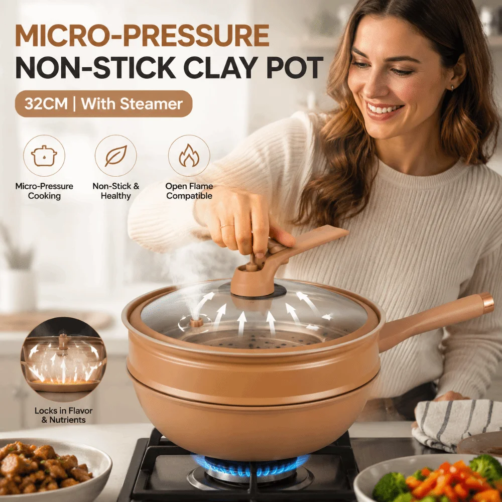 Durable 32cm Micro Pressure Steamer Wok with Lid Non Stick Steaming Frying Pan Soup Pot Multipurpose Gas Stove Pot Kitchen