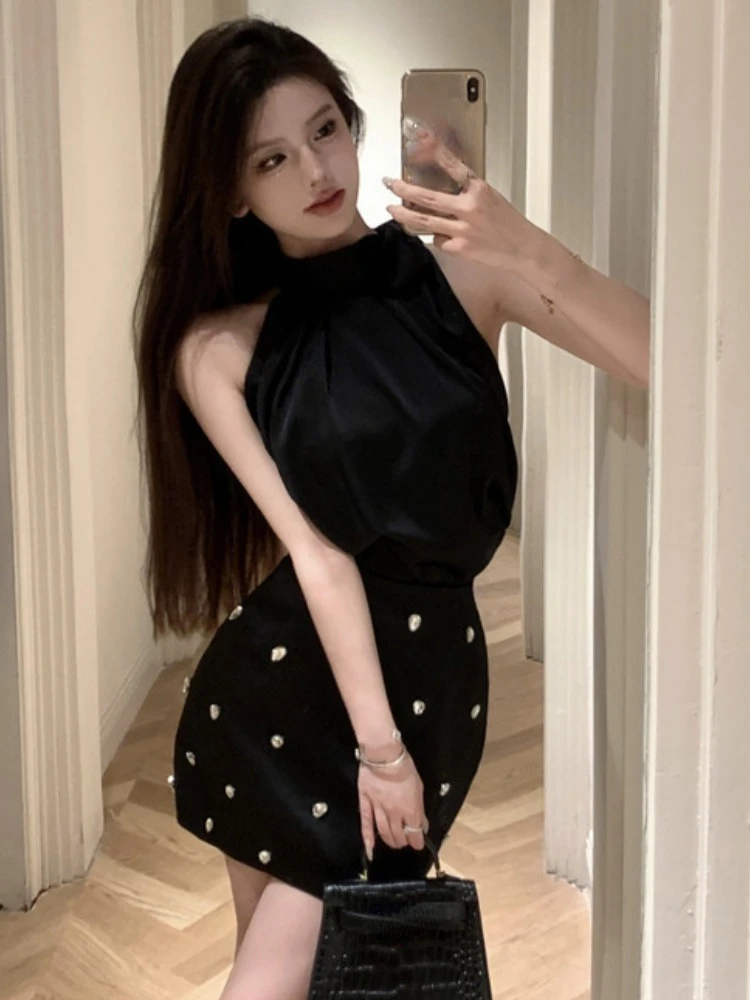 Summer Women 2 Piece Skirt Sets Sexy Summer Strapless Bandage Sleeveless Blouses Office Lady Mini Skirts Korean Chic Y2k Suit