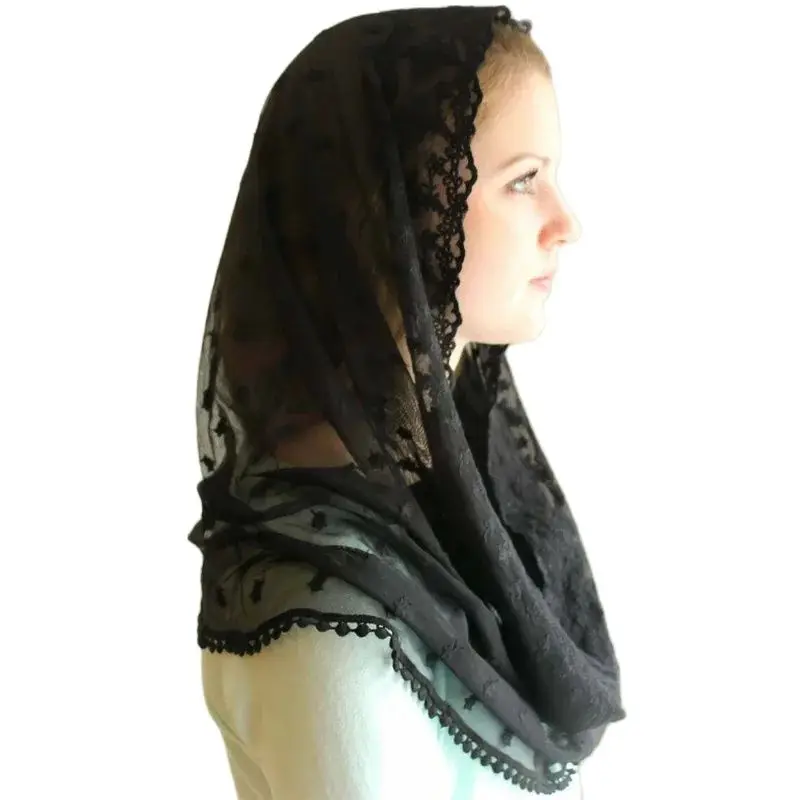 Ivory Lace Mantilla Veil for Church Round Scarf Wrap Muslim Bridal Veil Head Covering Short One Layer