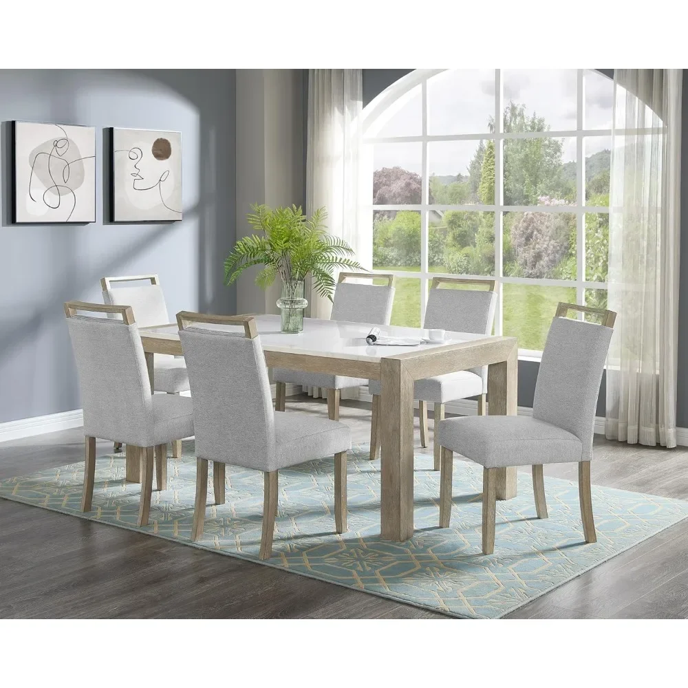 7PCS Dining Table Set Contemporary Style White Genuine Marble Stone Rectangular Table Full Back Upholstered Dining Table Set