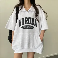 Harajuku Streetwear Fashion Letter Printed Summer Women Short Sleeve Sweatshirts Female Turn-down Collar Hoodies Loose Pullovers