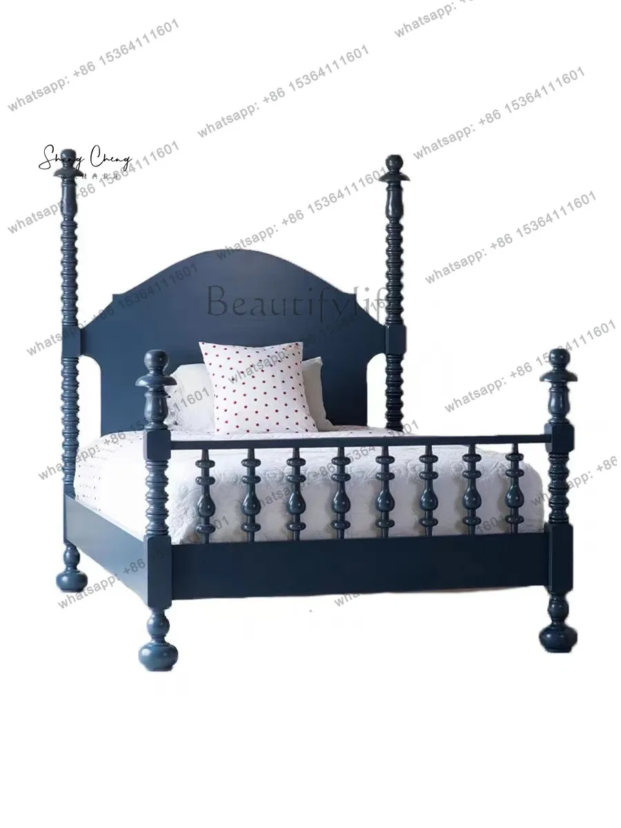 

French retro solid wood bed 1.8 meters American carved European high column bed