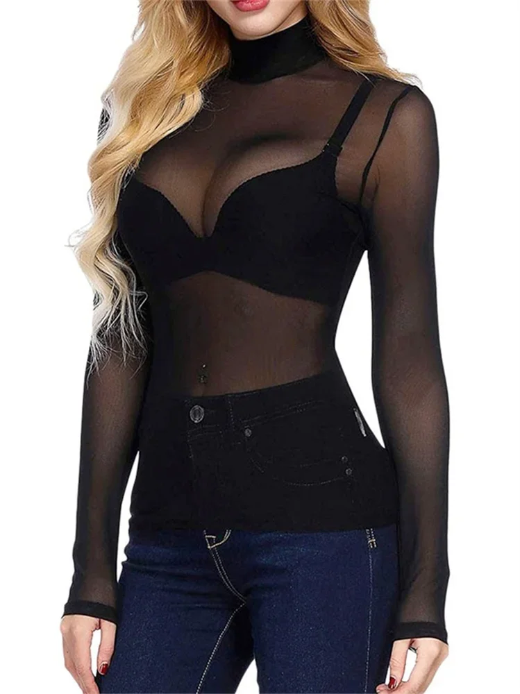 

Women Mesh T-shirt Mock Neck Long Sleeve Slim Fit See Through Shirts for Club Beach Casual Summer Fall Cover-ups Tops