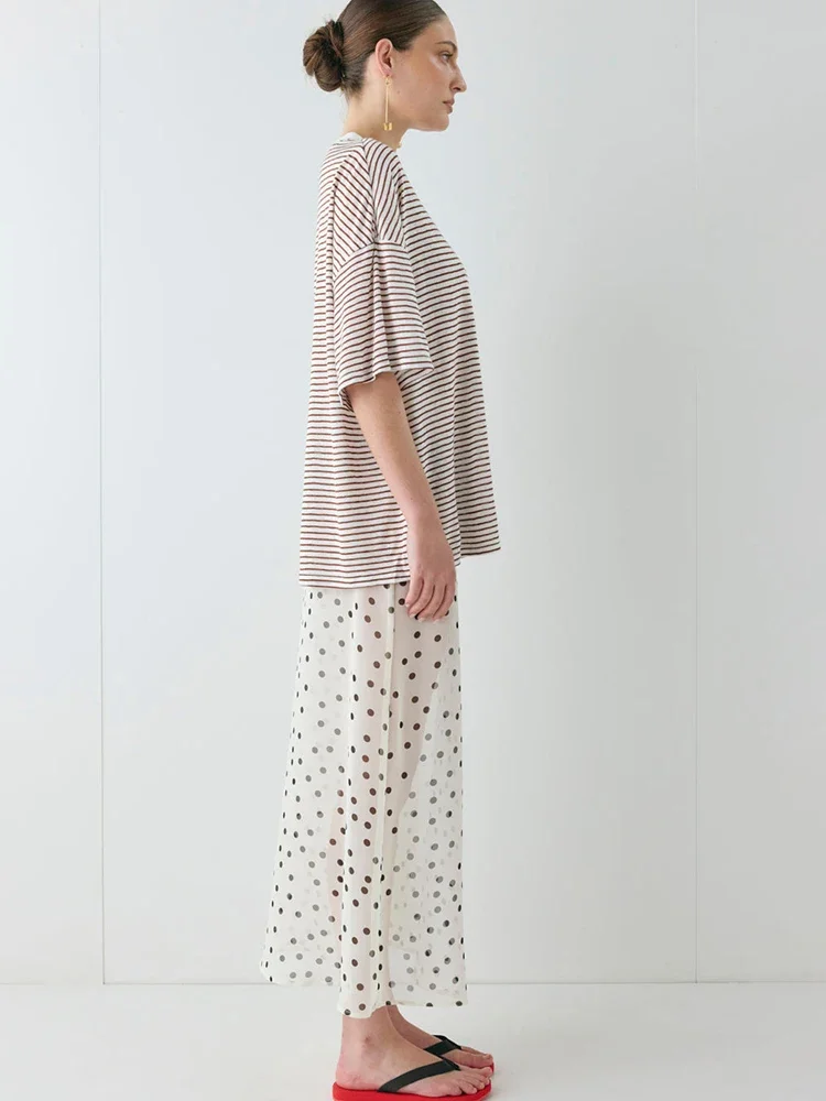 Sexy See Through Printed Polka Dot Women Skirt Coffee High Waist Y2k Casual Long Skirt Summer Loose Outdoor Beachwear