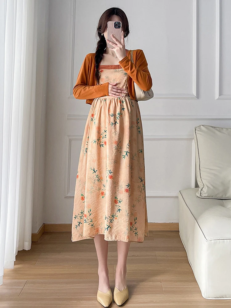 Maternity Clothes Pregnancy Women Fashionable Orange Cardigan+ Floral Slip Dress Suit Maternity Comfortable Dresses Photoshoot