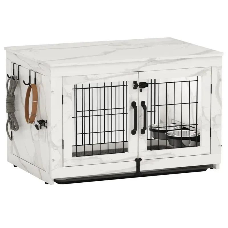 for Wooden dog crate furniture with 360 ° rotatable detachable dog bowl, dog crate coffee table with tray, double door kennel