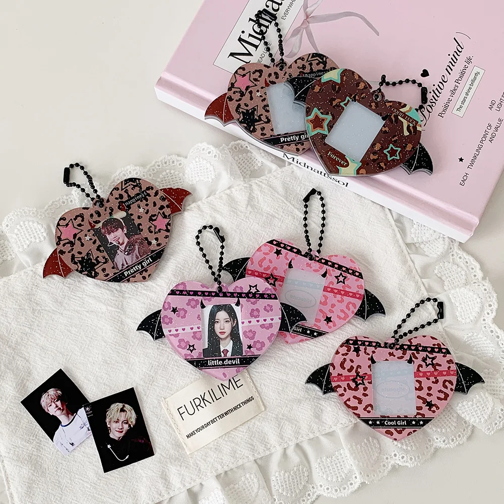 Cute 1-Inch Card Holder Girl Idol Photo Storage Card Holder Heart-Shaped Wing Backpack Pendant Keychain Fashion Korean Wholesale