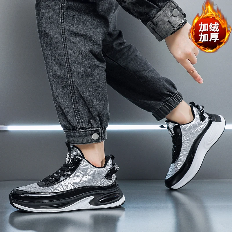 Men Fleece Lined High Top Winter Sneakers Upper Air Cushion Platform Sole Lace Up Fashion Warm Outdoor Coldproof Casual Trainers
