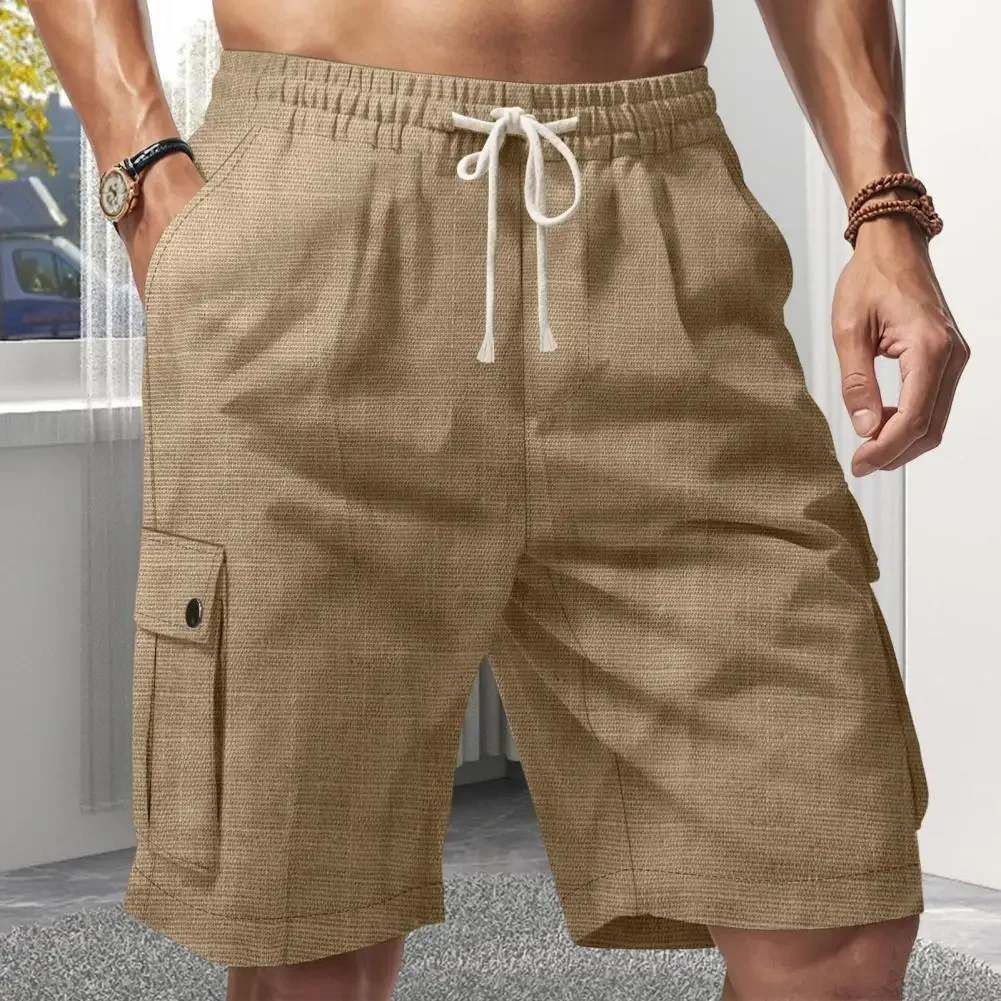 

Мужские льняные шорты Мужские однотонные шорты-карго с эластичными карманами на талии для путешествий и отдыха Широкие пляжные шорты на лето