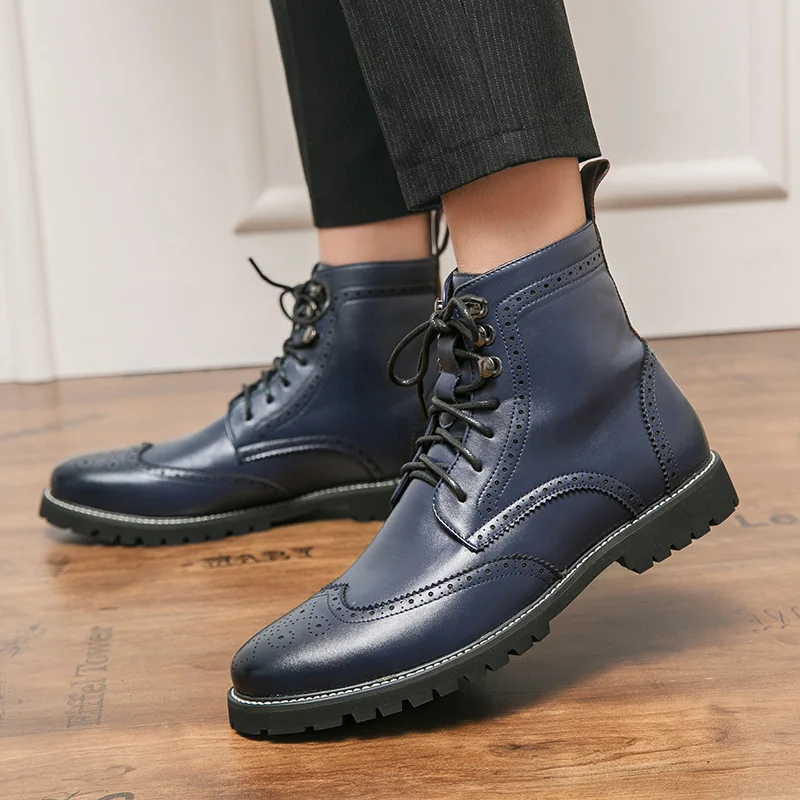 

Men's oversized trendy leather shoes, high-top leather boots, outdoor lace-up style fashionable business leather boots