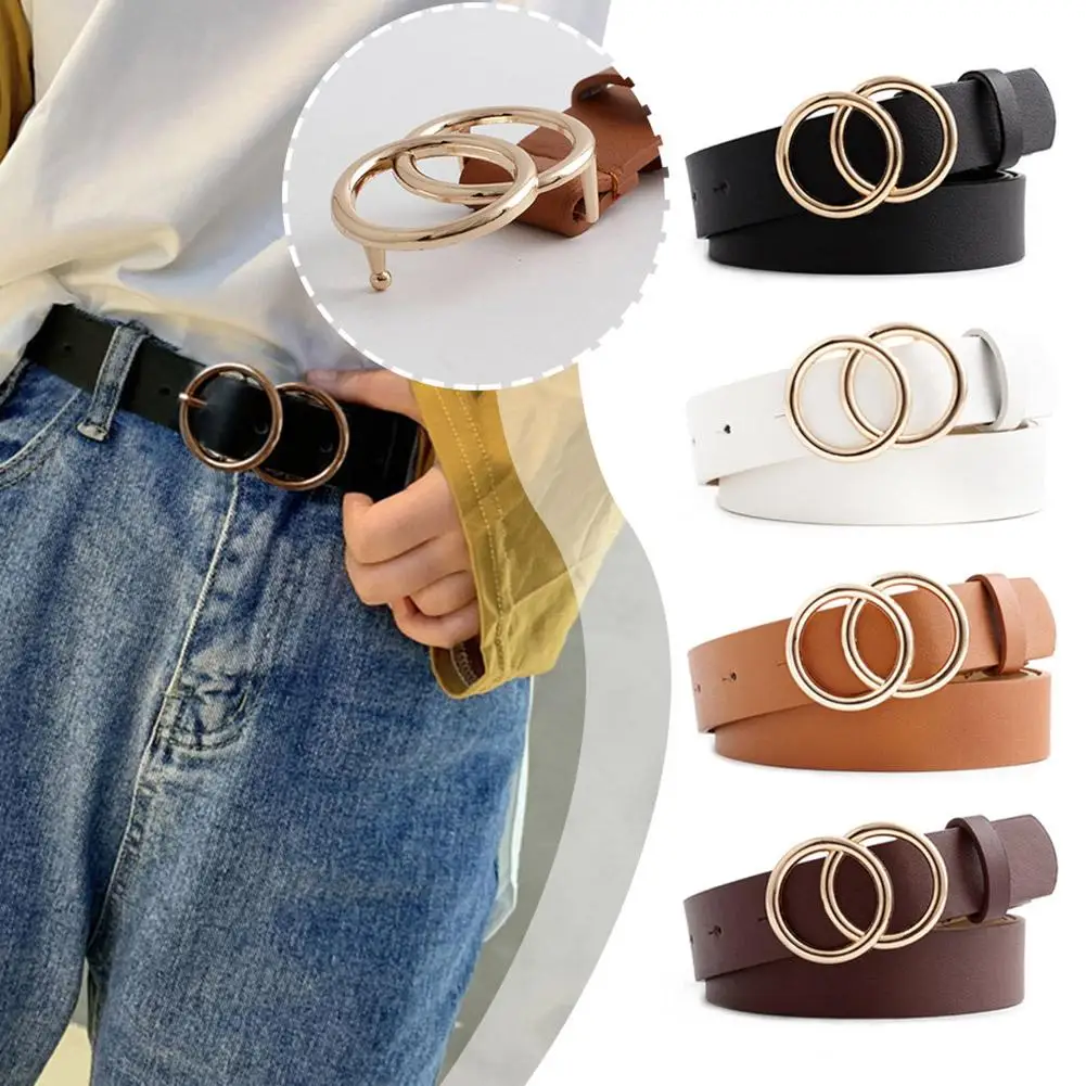 Double Circle Button Belt Leisure Jeans Fashion Dress Leather Women Solid Simple Color Waist Belt Adjustable Strap Belt F8B4