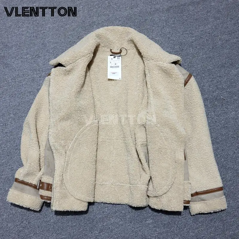 2024 Women Thick Vintage Splice Suede Jacket Coat Loose Warm Lambswool Biker Outwear Female Oversize Faux Leather Overcoat