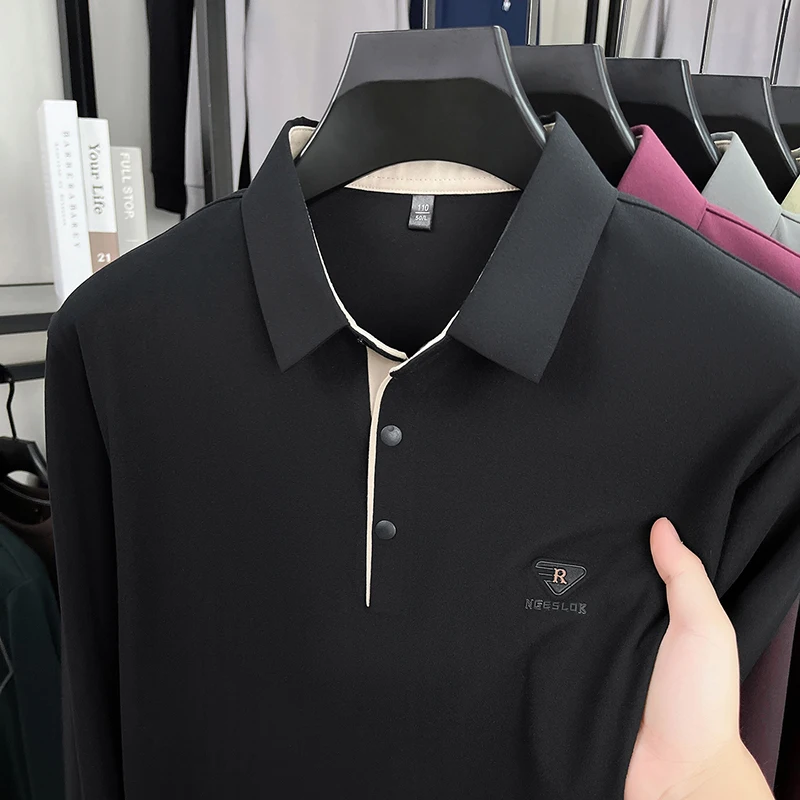 Light Luxury Brand long sleeve Men polo shirt high-quality silky smooth breathable comfort trend letter embossed casual T-shirt