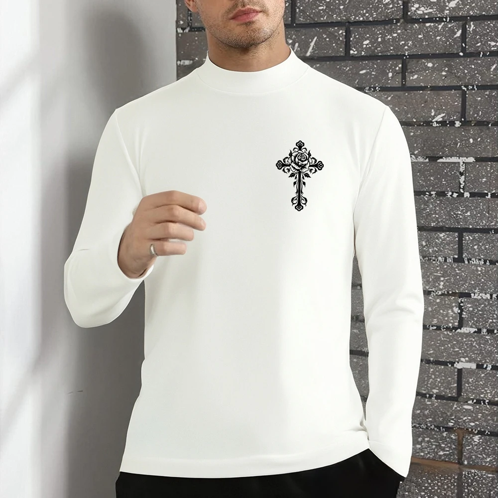 

Футболка с крестом и цветочным принтом, мужская осенняя повседневная свободная базовая рубашка с длинным рукавом и полувысоким воротником, флисовая удобная спортивная одежда